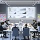 Modernes Büro mit vielfältigem Team vor einem digitalen Dashboard mit professionellen Datenvisualisierungen und methodischem Arbeitsumfeld.