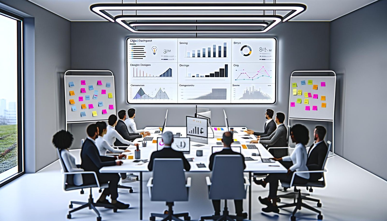 Modernes Büro mit vielfältigem Team vor einem digitalen Dashboard mit professionellen Datenvisualisierungen und methodischem Arbeitsumfeld.