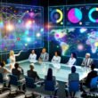 Business-Entscheider in einem modernen Meetingraum betrachten schwebende, leuchtende Datenvisualisierungen und engliedern digitale Tools wie Tableau, Power BI und D3.js in ihre Analyse.