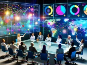 Business-Entscheider in einem modernen Meetingraum betrachten schwebende, leuchtende Datenvisualisierungen und engliedern digitale Tools wie Tableau, Power BI und D3.js in ihre Analyse.