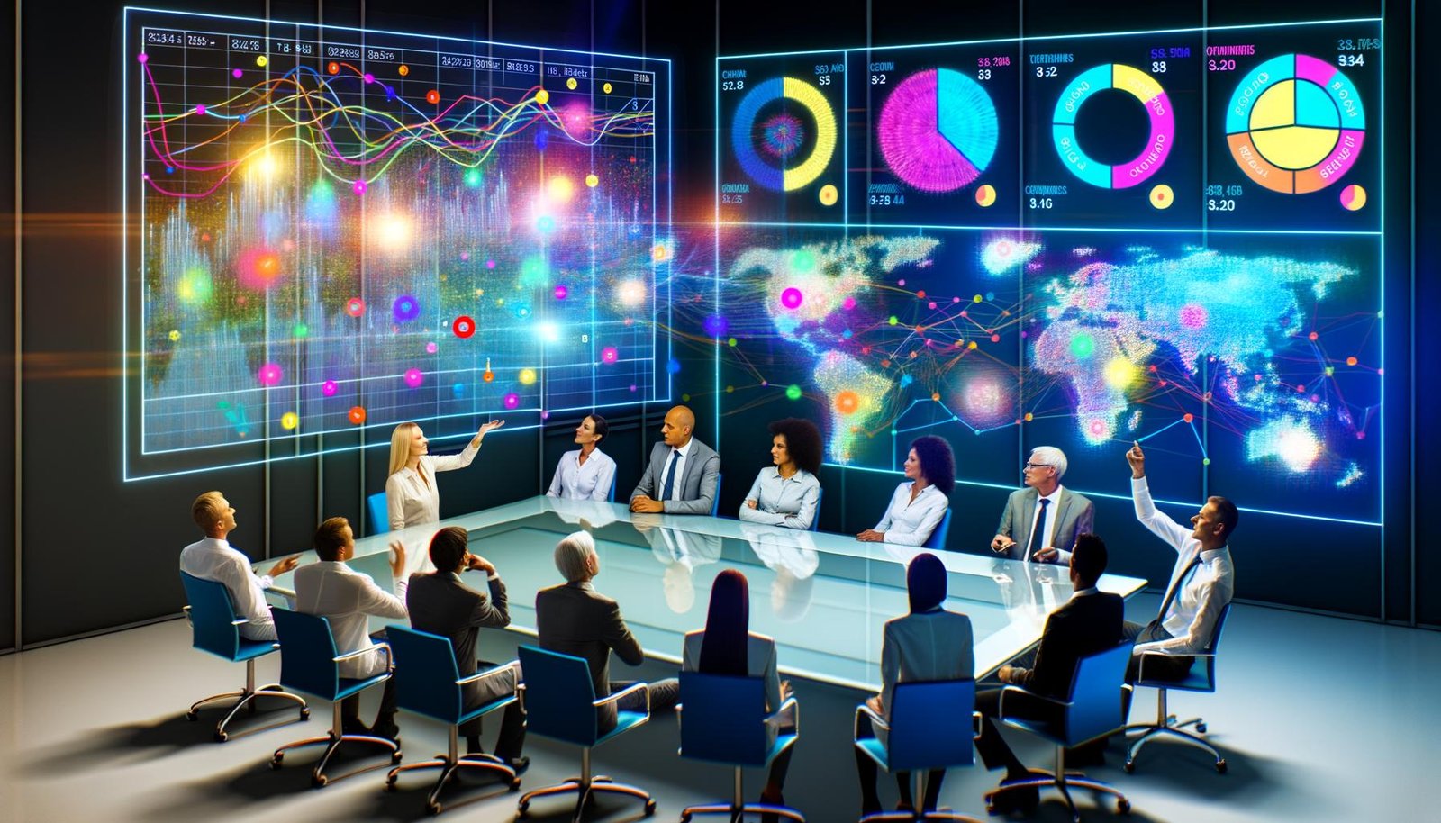 Business-Entscheider in einem modernen Meetingraum betrachten schwebende, leuchtende Datenvisualisierungen und engliedern digitale Tools wie Tableau, Power BI und D3.js in ihre Analyse.