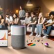 Junge Erwachsene hören im modernen Wohnzimmer mit Smart Speaker und SoundCloud-App Musik, während Musiknoten und digitale Datenvisualisierungen aus dem Lautsprecher aufsteigen.