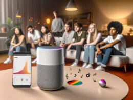 Junge Erwachsene hören im modernen Wohnzimmer mit Smart Speaker und SoundCloud-App Musik, während Musiknoten und digitale Datenvisualisierungen aus dem Lautsprecher aufsteigen.