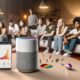 Junge Erwachsene hören im modernen Wohnzimmer mit Smart Speaker und SoundCloud-App Musik, während Musiknoten und digitale Datenvisualisierungen aus dem Lautsprecher aufsteigen.