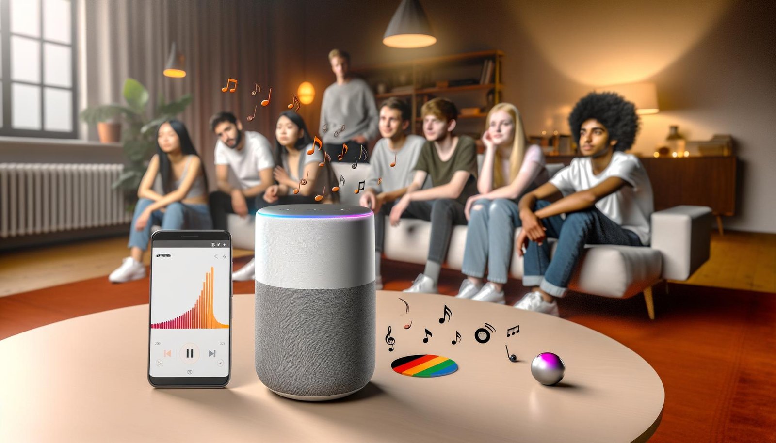 Junge Erwachsene hören im modernen Wohnzimmer mit Smart Speaker und SoundCloud-App Musik, während Musiknoten und digitale Datenvisualisierungen aus dem Lautsprecher aufsteigen.