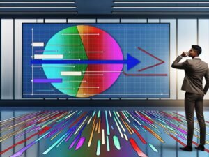 Moderne Online-Marketing-Büroszene mit buntem, halb manipuliertem Chart auf Bildschirm, nachdenkliche Person im Vordergrund, unsichtbare Fallstricke im Hightech-Umfeld.