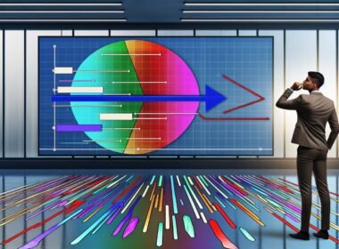 Moderne Online-Marketing-Büroszene mit buntem, halb manipuliertem Chart auf Bildschirm, nachdenkliche Person im Vordergrund, unsichtbare Fallstricke im Hightech-Umfeld.