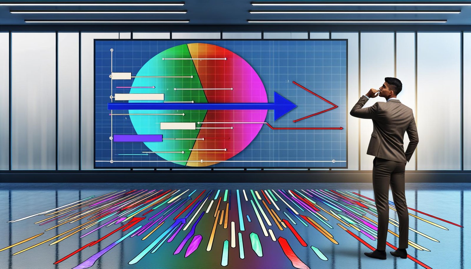 Moderne Online-Marketing-Büroszene mit buntem, halb manipuliertem Chart auf Bildschirm, nachdenkliche Person im Vordergrund, unsichtbare Fallstricke im Hightech-Umfeld.