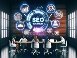 Futuristisches Büro mit leuchtendem Content Writing Lösung Schild, Team an Laptops, digitalen Bildschirmen mit SEO-Analysen und KI-Symbolen.