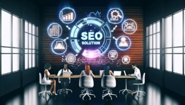 Futuristisches Büro mit leuchtendem Content Writing Lösung Schild, Team an Laptops, digitalen Bildschirmen mit SEO-Analysen und KI-Symbolen.