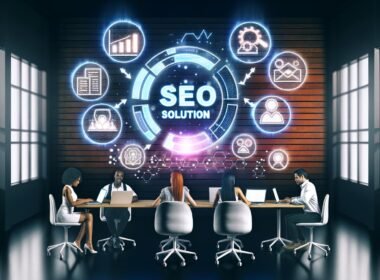 Futuristisches Büro mit leuchtendem Content Writing Lösung Schild, Team an Laptops, digitalen Bildschirmen mit SEO-Analysen und KI-Symbolen.