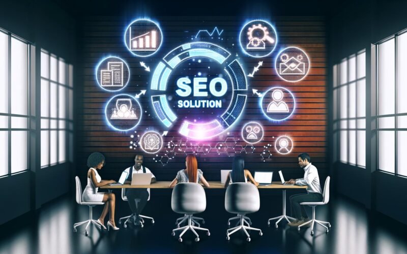 Futuristisches Büro mit leuchtendem Content Writing Lösung Schild, Team an Laptops, digitalen Bildschirmen mit SEO-Analysen und KI-Symbolen.