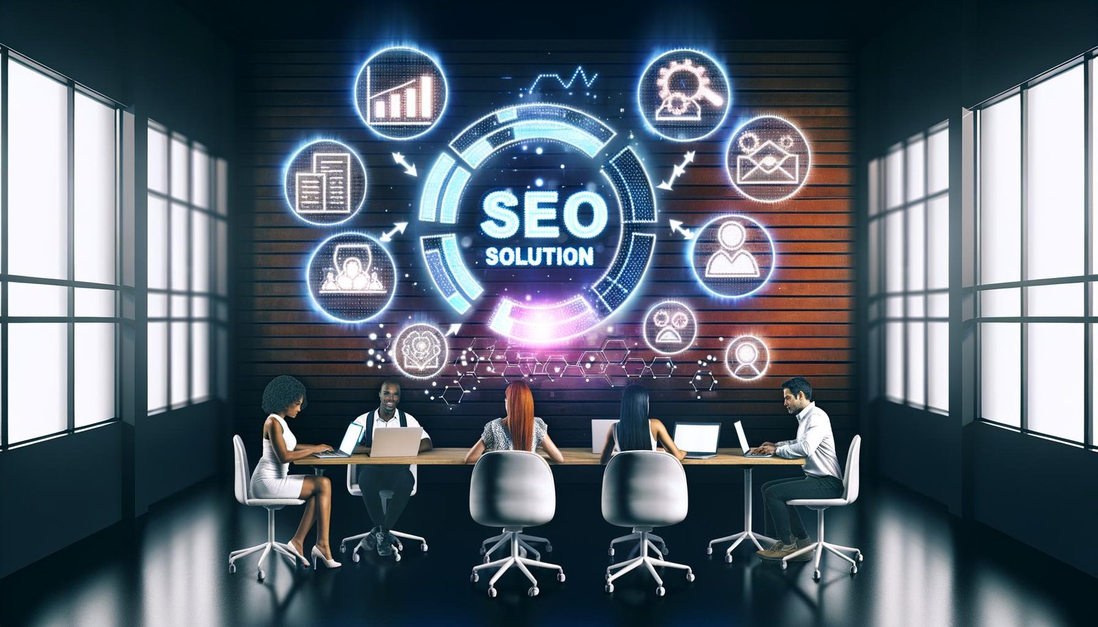 Futuristisches Büro mit leuchtendem Content Writing Lösung Schild, Team an Laptops, digitalen Bildschirmen mit SEO-Analysen und KI-Symbolen.