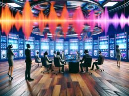 Modern gestalteter Arbeitsplatz mit Audio-Profis an Hightech-Equipment, schwebenden Klangwellen und Soundcloud-Branding in einer dynamischen, digitalen Umgebung.