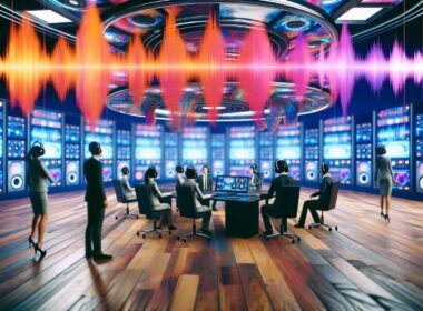 Modern gestalteter Arbeitsplatz mit Audio-Profis an Hightech-Equipment, schwebenden Klangwellen und Soundcloud-Branding in einer dynamischen, digitalen Umgebung.