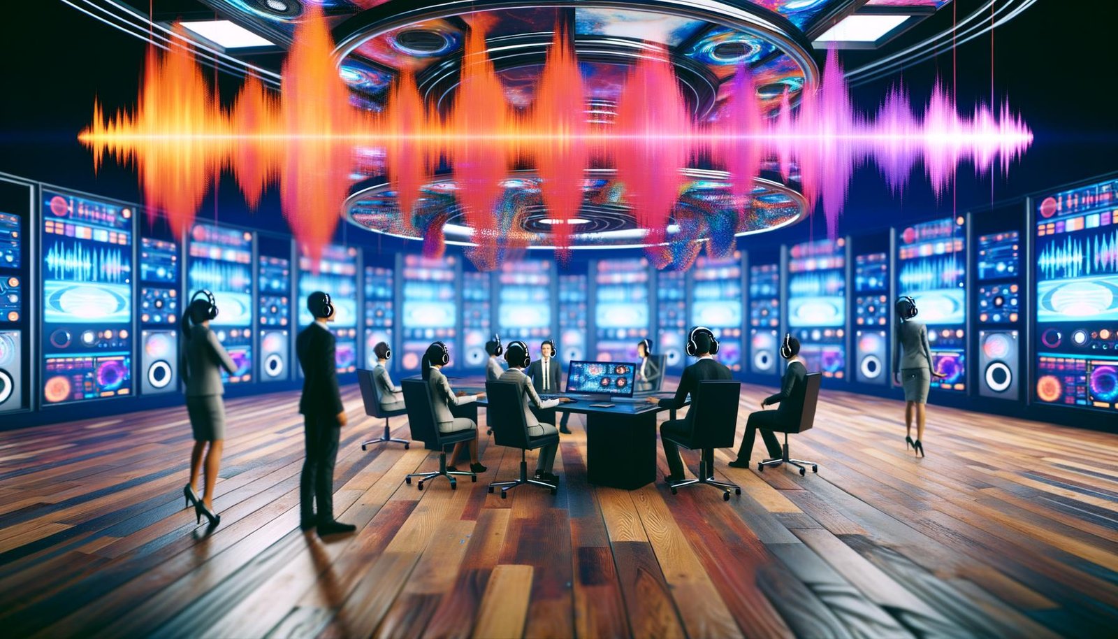 Modern gestalteter Arbeitsplatz mit Audio-Profis an Hightech-Equipment, schwebenden Klangwellen und Soundcloud-Branding in einer dynamischen, digitalen Umgebung.