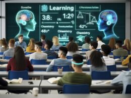 Modernes Klassenzimmer mit diversen Schülern, die dezente Neurochips am Kopf tragen und an Hologramm-Lerninhalten arbeiten, ein Whiteboard zeigt Themen wie Goethe und Chemieformeln