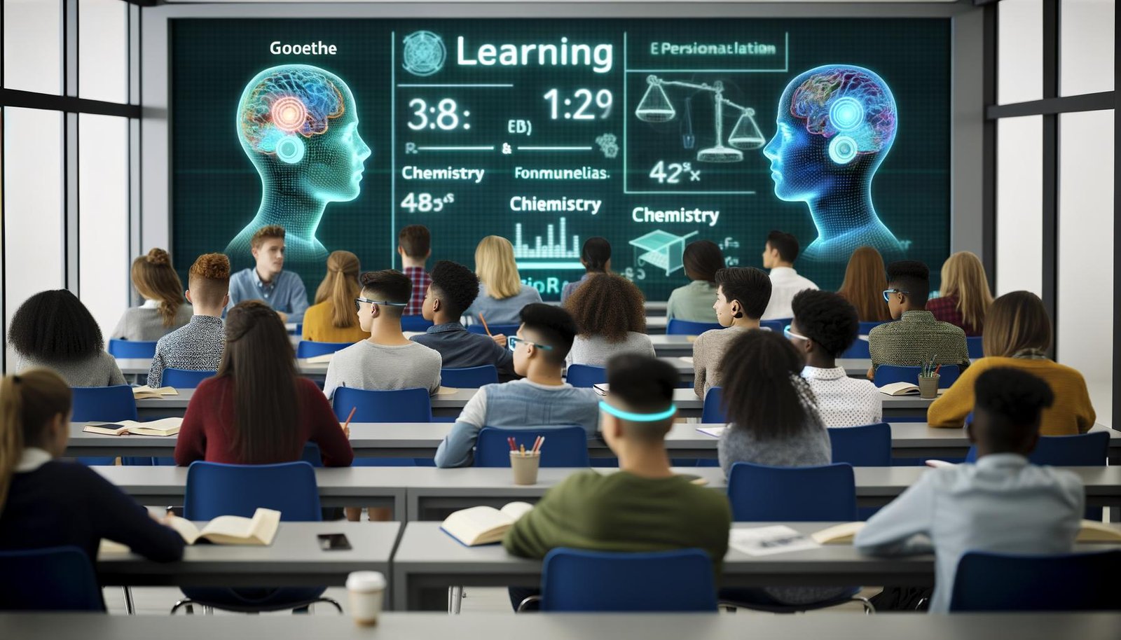 Modernes Klassenzimmer mit diversen Schülern, die dezente Neurochips am Kopf tragen und an Hologramm-Lerninhalten arbeiten, ein Whiteboard zeigt Themen wie Goethe und Chemieformeln