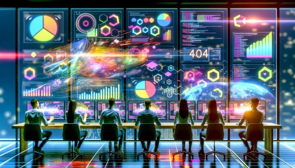 Futuristisches Büro mit diversen Analysten, die dynamische Dashboards mit animierten Diagrammen und Echtzeitdaten auf ultrabreiten Monitoren nutzen, um moderne Datenvisualisierungen zu erstellen.