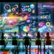 Futuristisches Büro mit diversen Analysten, die dynamische Dashboards mit animierten Diagrammen und Echtzeitdaten auf ultrabreiten Monitoren nutzen, um moderne Datenvisualisierungen zu erstellen.