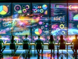 Futuristisches Büro mit diversen Analysten, die dynamische Dashboards mit animierten Diagrammen und Echtzeitdaten auf ultrabreiten Monitoren nutzen, um moderne Datenvisualisierungen zu erstellen.