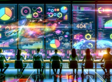Futuristisches Büro mit diversen Analysten, die dynamische Dashboards mit animierten Diagrammen und Echtzeitdaten auf ultrabreiten Monitoren nutzen, um moderne Datenvisualisierungen zu erstellen.
