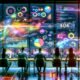 Futuristisches Büro mit diversen Analysten, die dynamische Dashboards mit animierten Diagrammen und Echtzeitdaten auf ultrabreiten Monitoren nutzen, um moderne Datenvisualisierungen zu erstellen.