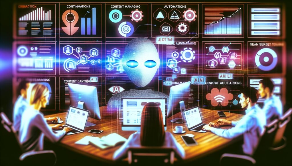 Illustrative Titelseite mit digitalem Content-Management-Cockpit, Dashboards, Content-Team an Laptops, Automatisierungs- und KI-Symbolen sowie modernen Tools. Im Hintergrund ein durchgestrichener Redaktionskalender.