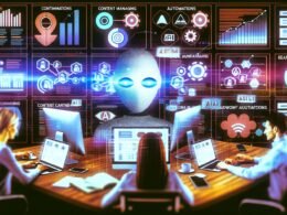 Illustrative Titelseite mit digitalem Content-Management-Cockpit, Dashboards, Content-Team an Laptops, Automatisierungs- und KI-Symbolen sowie modernen Tools. Im Hintergrund ein durchgestrichener Redaktionskalender.
