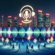 Futuristische Stadtlandschaft bei Abenddämmerung mit holografischen Soundwellen, vielseitigen Menschen und integrierten SoundCloud-Logos als Sinnbild für urbanes Sonic Branding.