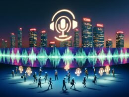 Futuristische Stadtlandschaft bei Abenddämmerung mit holografischen Soundwellen, vielseitigen Menschen und integrierten SoundCloud-Logos als Sinnbild für urbanes Sonic Branding.