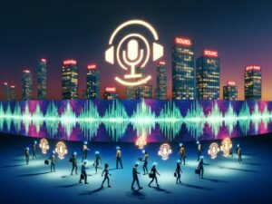 Futuristische Stadtlandschaft bei Abenddämmerung mit holografischen Soundwellen, vielseitigen Menschen und integrierten SoundCloud-Logos als Sinnbild für urbanes Sonic Branding.
