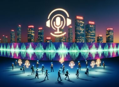 Futuristische Stadtlandschaft bei Abenddämmerung mit holografischen Soundwellen, vielseitigen Menschen und integrierten SoundCloud-Logos als Sinnbild für urbanes Sonic Branding.