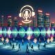 Futuristische Stadtlandschaft bei Abenddämmerung mit holografischen Soundwellen, vielseitigen Menschen und integrierten SoundCloud-Logos als Sinnbild für urbanes Sonic Branding.