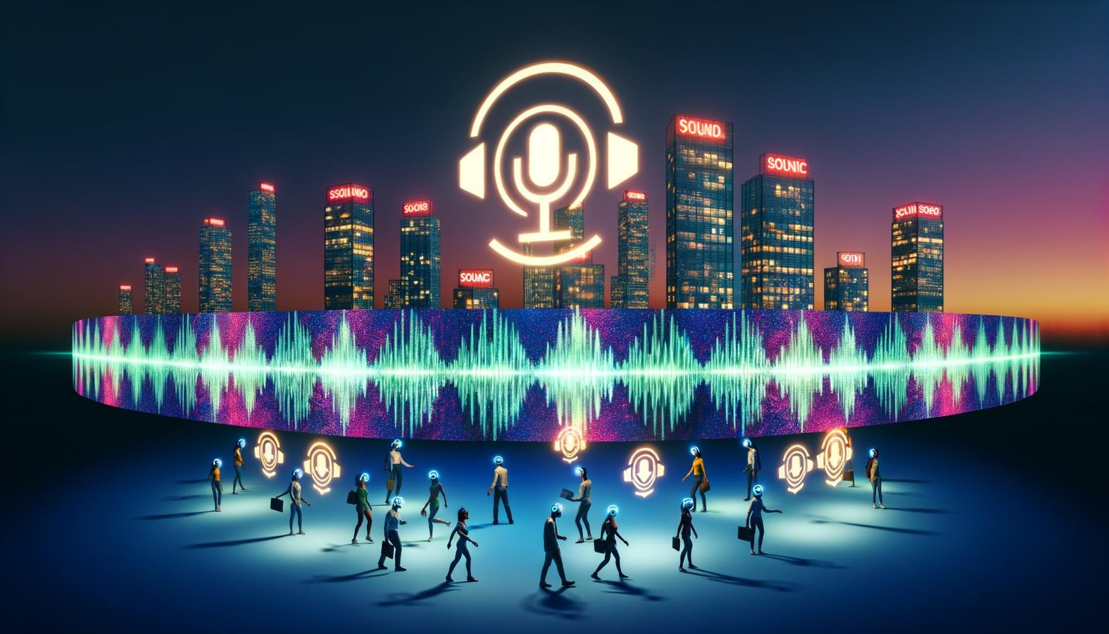 Futuristische Stadtlandschaft bei Abenddämmerung mit holografischen Soundwellen, vielseitigen Menschen und integrierten SoundCloud-Logos als Sinnbild für urbanes Sonic Branding.