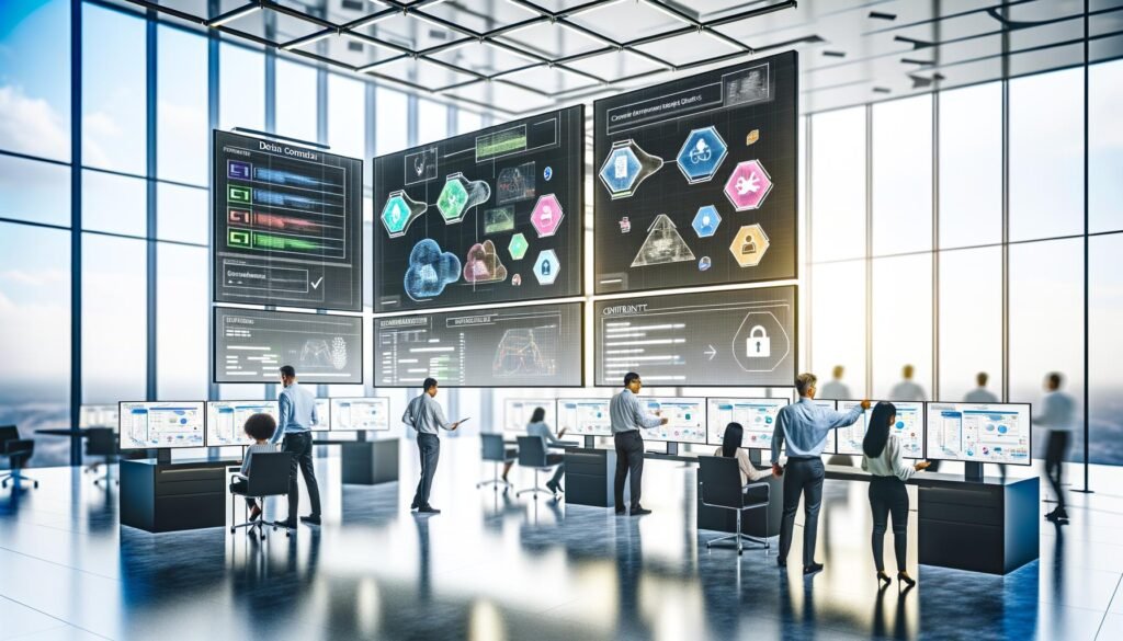 Moderne, lichtdurchflutete Büro-Szene mit Teams, die gemeinsam an digitalen Bildschirmen arbeiten, umgeben von Daten-Dashboards, Checklisten und Sicherheitssymbolen.