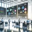 Moderne, lichtdurchflutete Büro-Szene mit Teams, die gemeinsam an digitalen Bildschirmen arbeiten, umgeben von Daten-Dashboards, Checklisten und Sicherheitssymbolen.