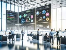 Moderne, lichtdurchflutete Büro-Szene mit Teams, die gemeinsam an digitalen Bildschirmen arbeiten, umgeben von Daten-Dashboards, Checklisten und Sicherheitssymbolen.