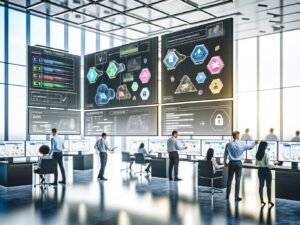Moderne, lichtdurchflutete Büro-Szene mit Teams, die gemeinsam an digitalen Bildschirmen arbeiten, umgeben von Daten-Dashboards, Checklisten und Sicherheitssymbolen.