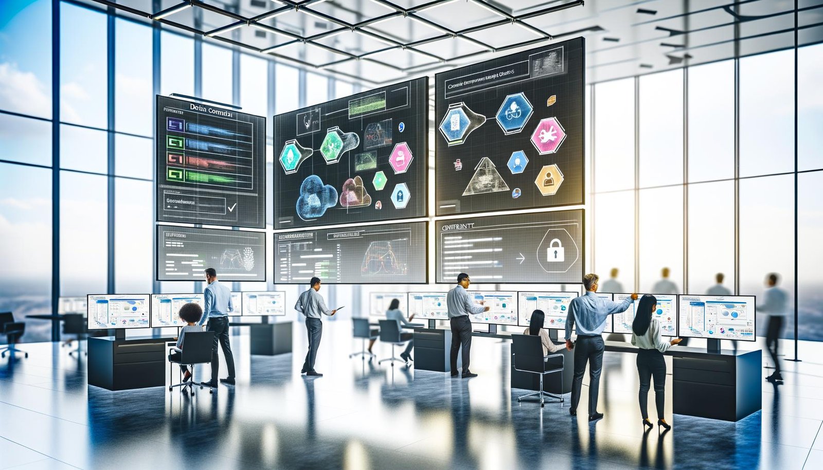 Moderne, lichtdurchflutete Büro-Szene mit Teams, die gemeinsam an digitalen Bildschirmen arbeiten, umgeben von Daten-Dashboards, Checklisten und Sicherheitssymbolen.