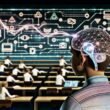 Junge Menschen verschiedener Herkunft lernen in einem Hightech-Klassenzimmer mit Headsets und Neurochips; holografische Datenströme, neuronale Netzwerke und Lehrer mit digitalen Displays zeigen die Zukunft personalisierter Bildung.