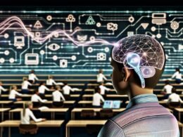 Junge Menschen verschiedener Herkunft lernen in einem Hightech-Klassenzimmer mit Headsets und Neurochips; holografische Datenströme, neuronale Netzwerke und Lehrer mit digitalen Displays zeigen die Zukunft personalisierter Bildung.