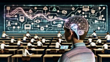 Junge Menschen verschiedener Herkunft lernen in einem Hightech-Klassenzimmer mit Headsets und Neurochips; holografische Datenströme, neuronale Netzwerke und Lehrer mit digitalen Displays zeigen die Zukunft personalisierter Bildung.