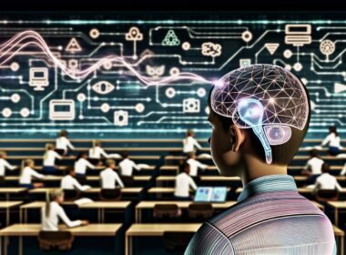 Junge Menschen verschiedener Herkunft lernen in einem Hightech-Klassenzimmer mit Headsets und Neurochips; holografische Datenströme, neuronale Netzwerke und Lehrer mit digitalen Displays zeigen die Zukunft personalisierter Bildung.