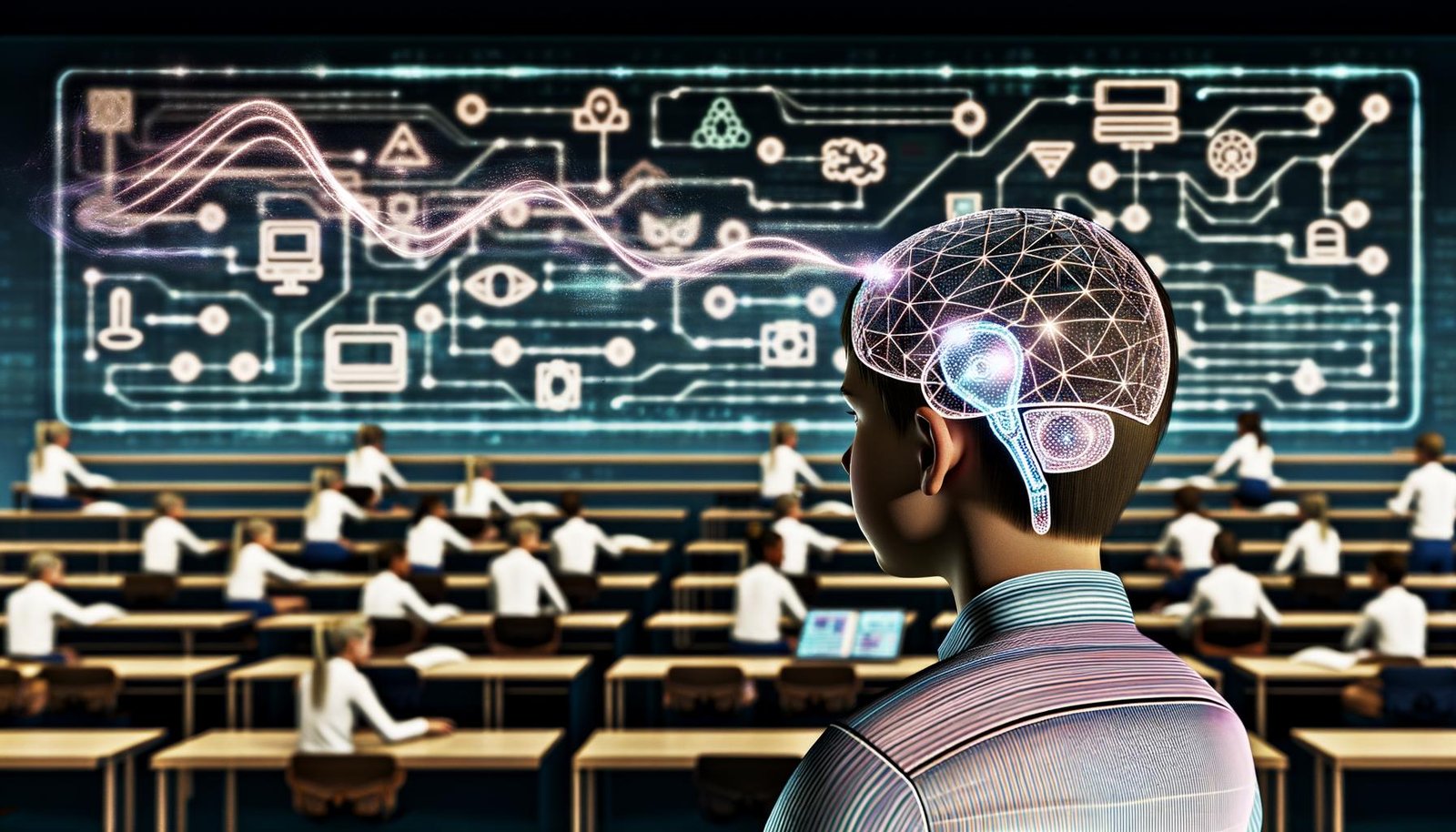 Junge Menschen verschiedener Herkunft lernen in einem Hightech-Klassenzimmer mit Headsets und Neurochips; holografische Datenströme, neuronale Netzwerke und Lehrer mit digitalen Displays zeigen die Zukunft personalisierter Bildung.