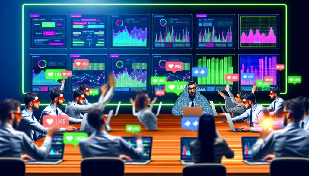 Skeptischer Marketer vor Laptops mit verwirrenden Dashboards in einer energiegeladenen Redaktion, Kolleginnen und Kollegen diskutieren über KPIs, umgeben von digitalen Datenströmen und Content-Karten.