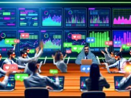Skeptischer Marketer vor Laptops mit verwirrenden Dashboards in einer energiegeladenen Redaktion, Kolleginnen und Kollegen diskutieren über KPIs, umgeben von digitalen Datenströmen und Content-Karten.