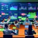 Skeptischer Marketer vor Laptops mit verwirrenden Dashboards in einer energiegeladenen Redaktion, Kolleginnen und Kollegen diskutieren über KPIs, umgeben von digitalen Datenströmen und Content-Karten.