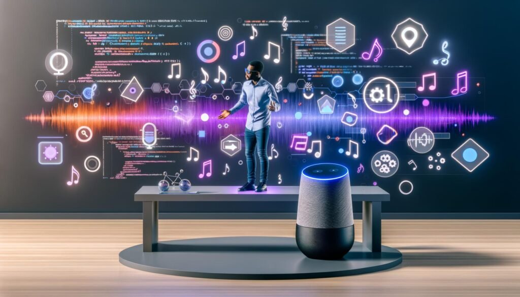 Futuristischer Arbeitsplatz mit Marketer, der per Sprachbefehl mit Smart Speaker arbeitet, umgeben von SoundCloud-Logos, Soundwellen, Voice Assistant Icons, Bildschirmen mit APIs und Analytics – kreative und technische Aspekte von SoundCloud Voice Assistant Skills.