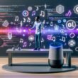Futuristischer Arbeitsplatz mit Marketer, der per Sprachbefehl mit Smart Speaker arbeitet, umgeben von SoundCloud-Logos, Soundwellen, Voice Assistant Icons, Bildschirmen mit APIs und Analytics – kreative und technische Aspekte von SoundCloud Voice Assistant Skills.